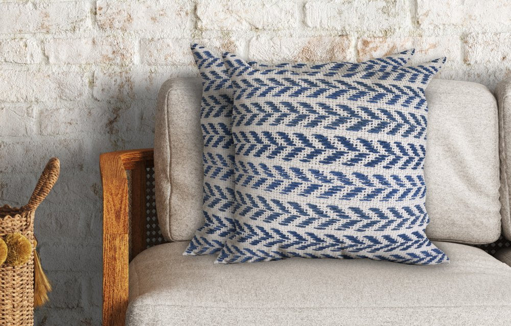 Set of Two Indigo And White Chevron Cotton Throw Pillows with Texture
