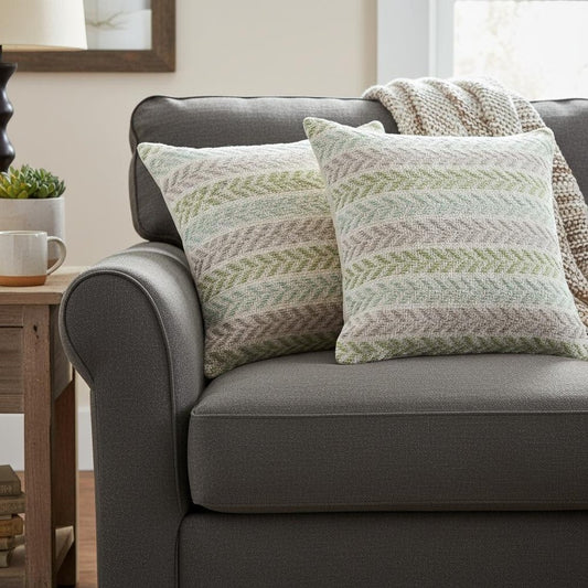 Set of Two Green And Blue Chevron Cotton Throw Pillows with Texture