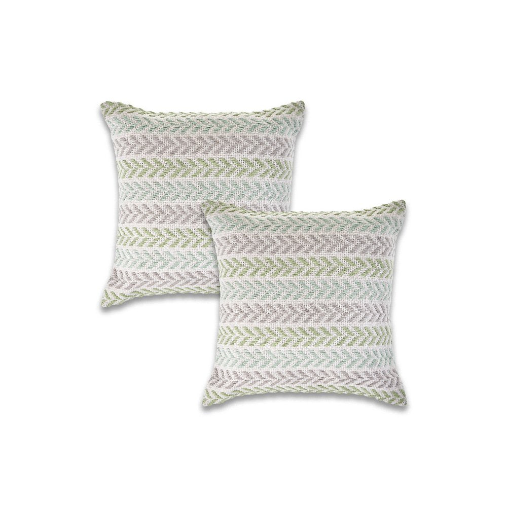 Set of Two Green And Blue Chevron Cotton Throw Pillows with Texture