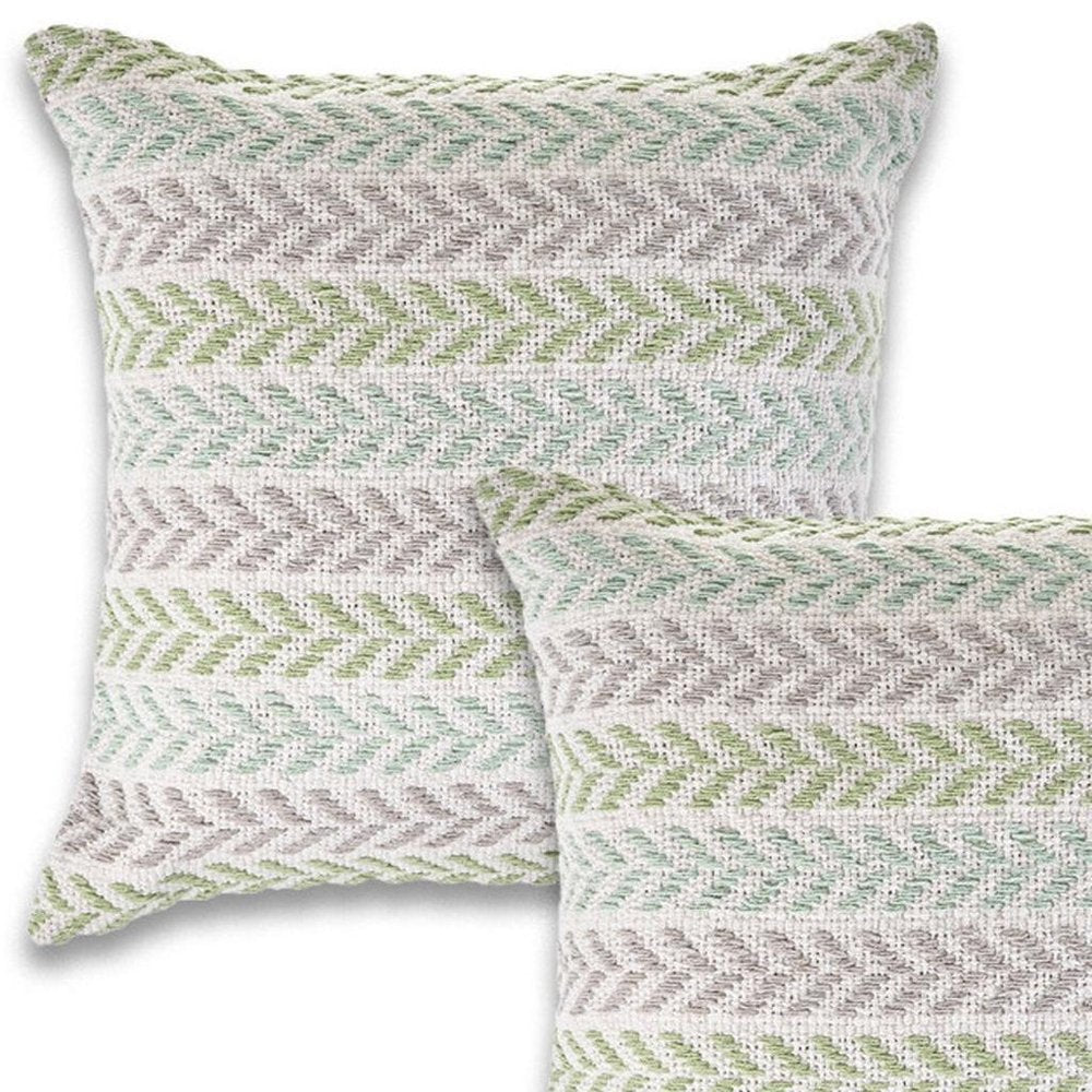 Set of Two Green And Blue Chevron Cotton Throw Pillows with Texture