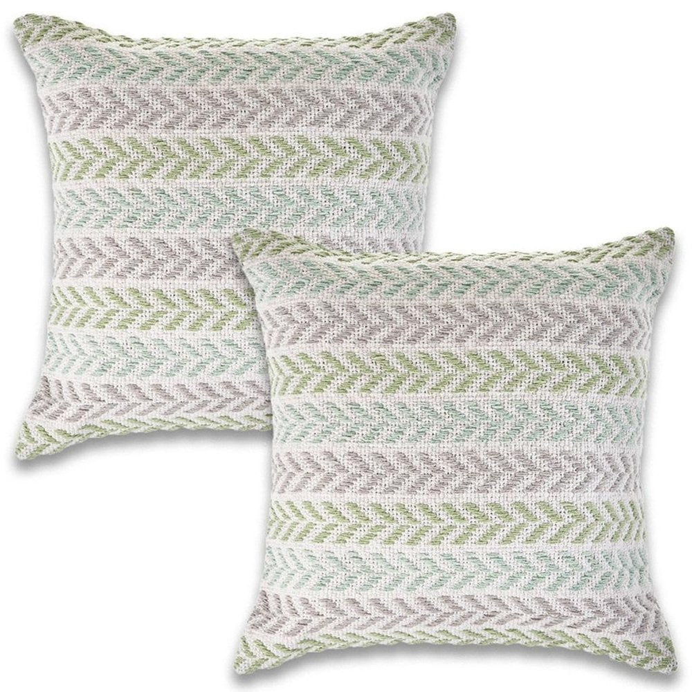 Set of Two Green And Blue Chevron Cotton Throw Pillows with Texture