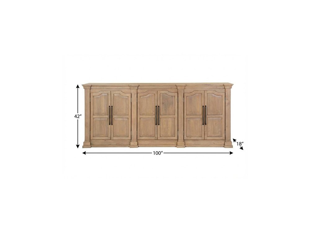100" Brown Solid Wood Paneled Sideboard With Six Doors