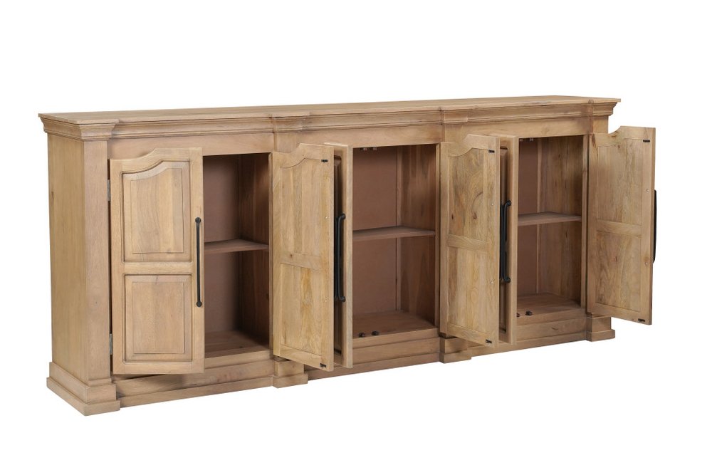 100" Brown Solid Wood Paneled Sideboard With Six Doors