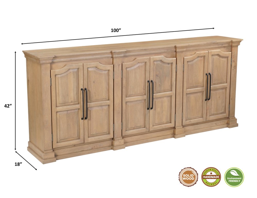 100" Brown Solid Wood Paneled Sideboard With Six Doors