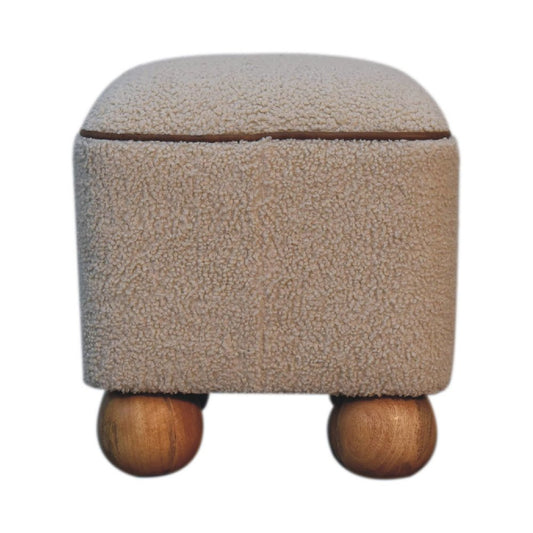 15" Beige and Brown Boucle Round Footstool