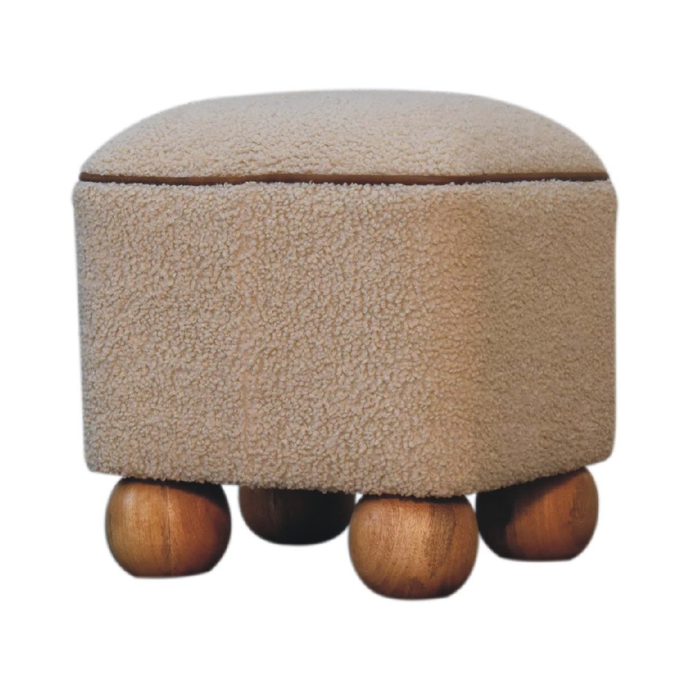 15" Beige and Brown Boucle Round Footstool