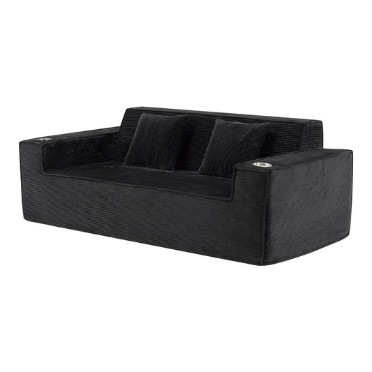 76" Black Corduroy Sofa With Toss Pillows