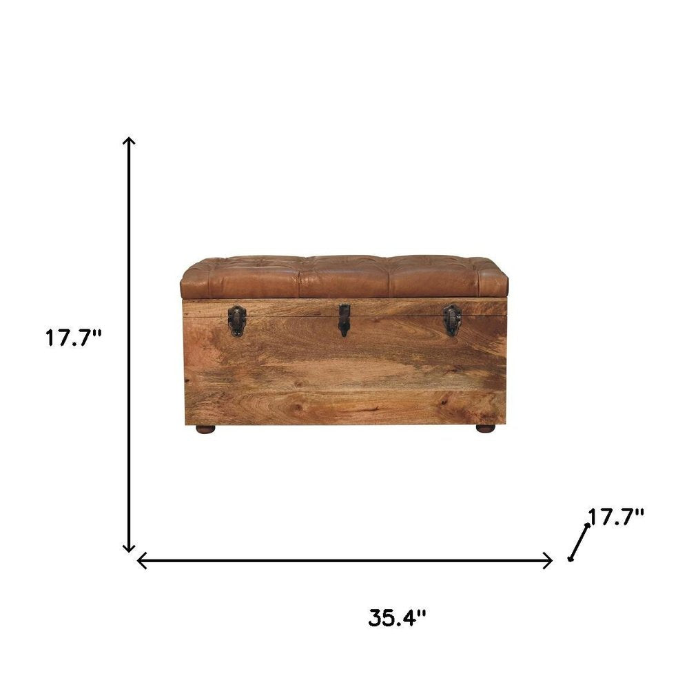 35" Brown Solid Wood Storage Bench
