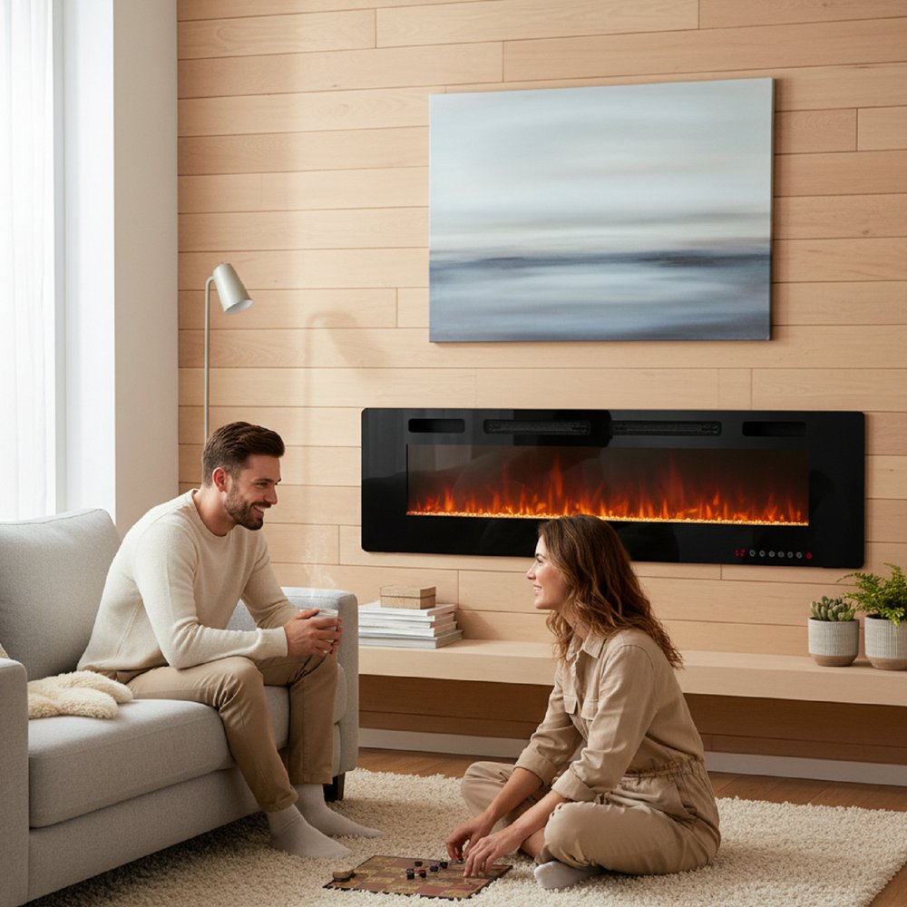 72" Black Metal Electric Fireplace