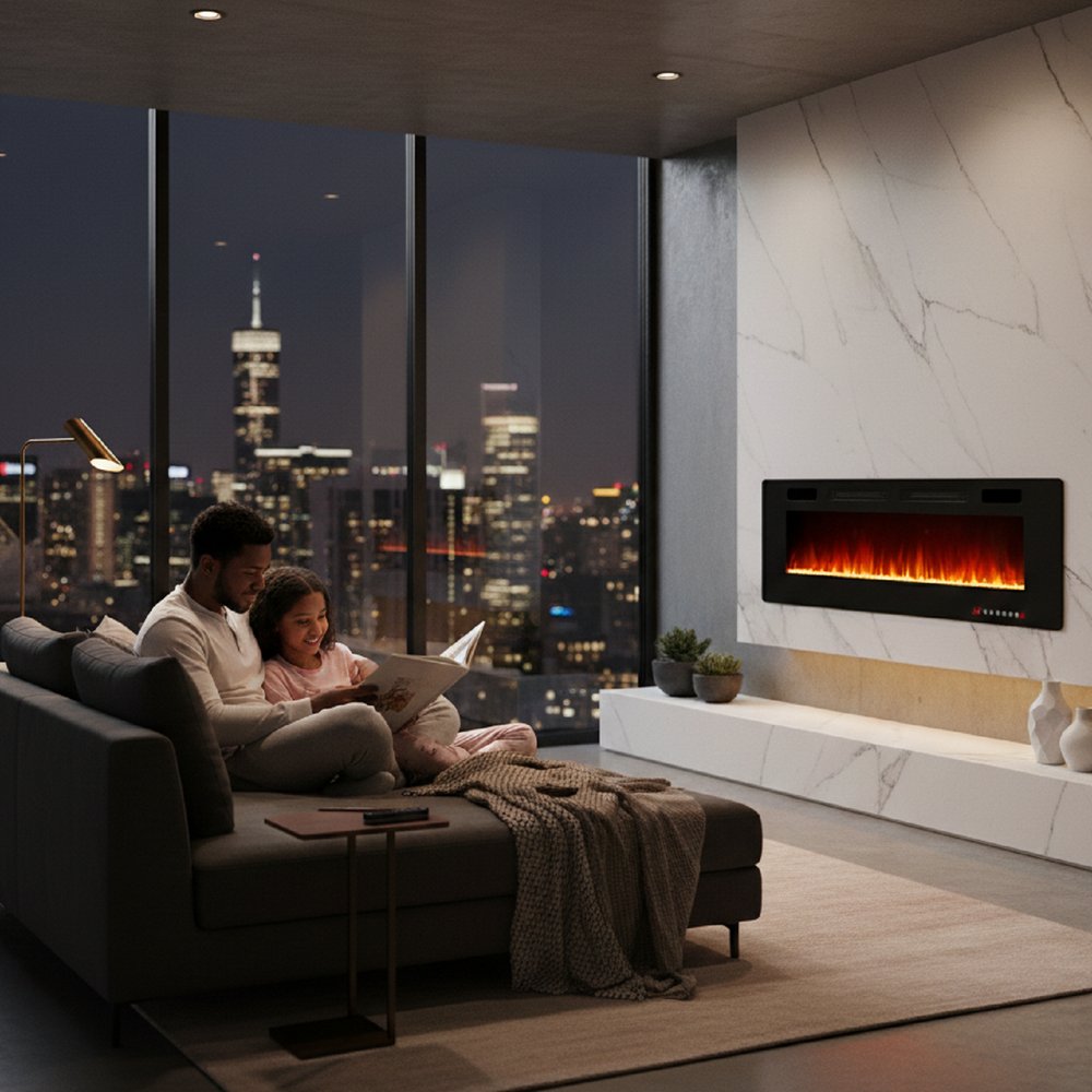 72" Black Metal Electric Fireplace