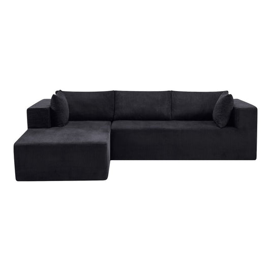105" Black Corduroy Modular Left Chaise Style Sofa With Toss Pillows