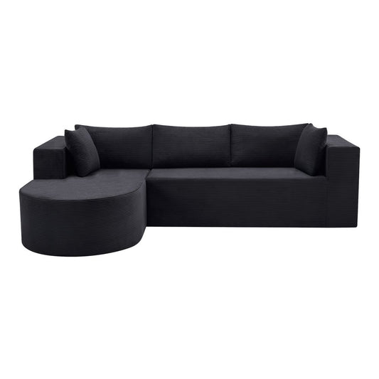 105" Black Corduroy Modular Left Rounded Chaise Style Sofa With Toss Pillows