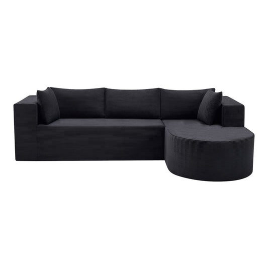 105" Black Corduroy Modular Right Rounded Chaise Style Sofa With Toss Pillows
