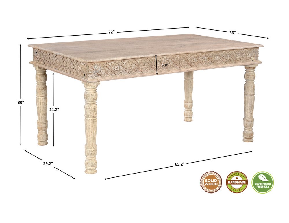 Seven Piece White Solid Wood Dining Set with Four Chairs