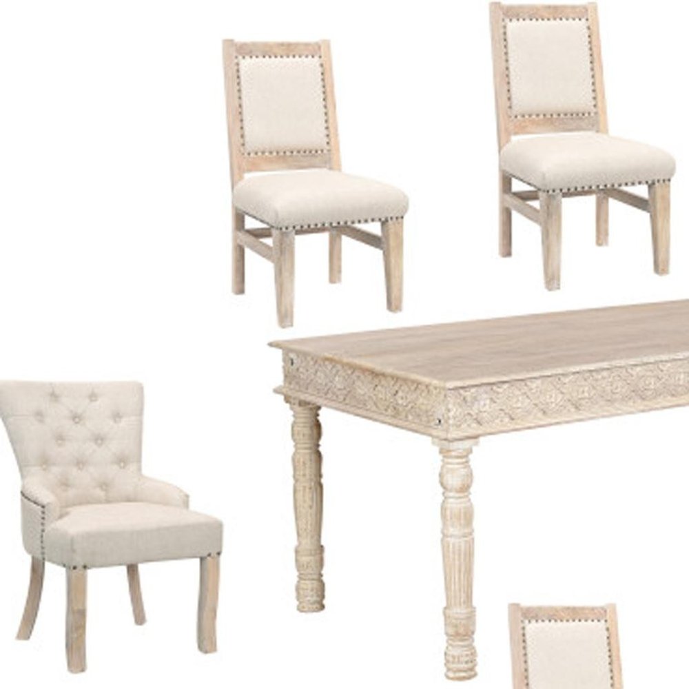 Seven Piece White Solid Wood Dining Set with Four Chairs