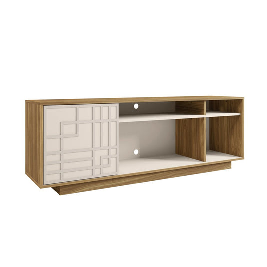 63" Oak And White Carved Geometric Wood Enclosed and Open Storage TV Stand