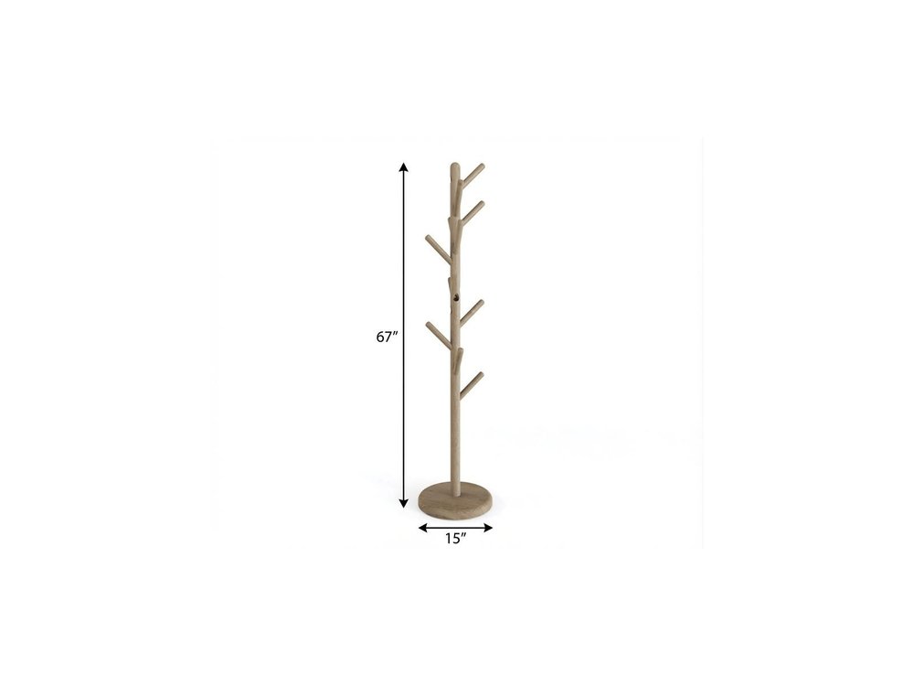 67" Gray Solid Wood Ten Hook Freestanding Coat Rack