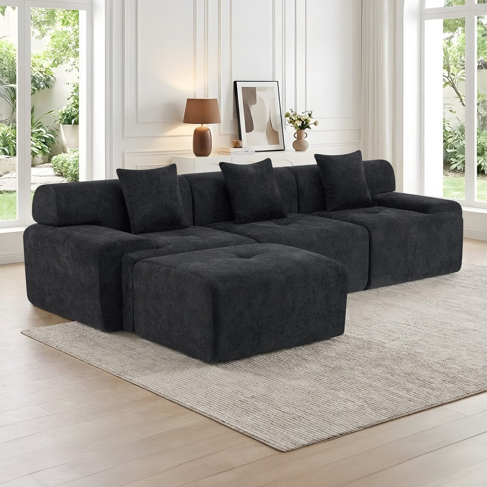 118" Black Chenille Modular Sofa With Ottoman And Toss Pillows