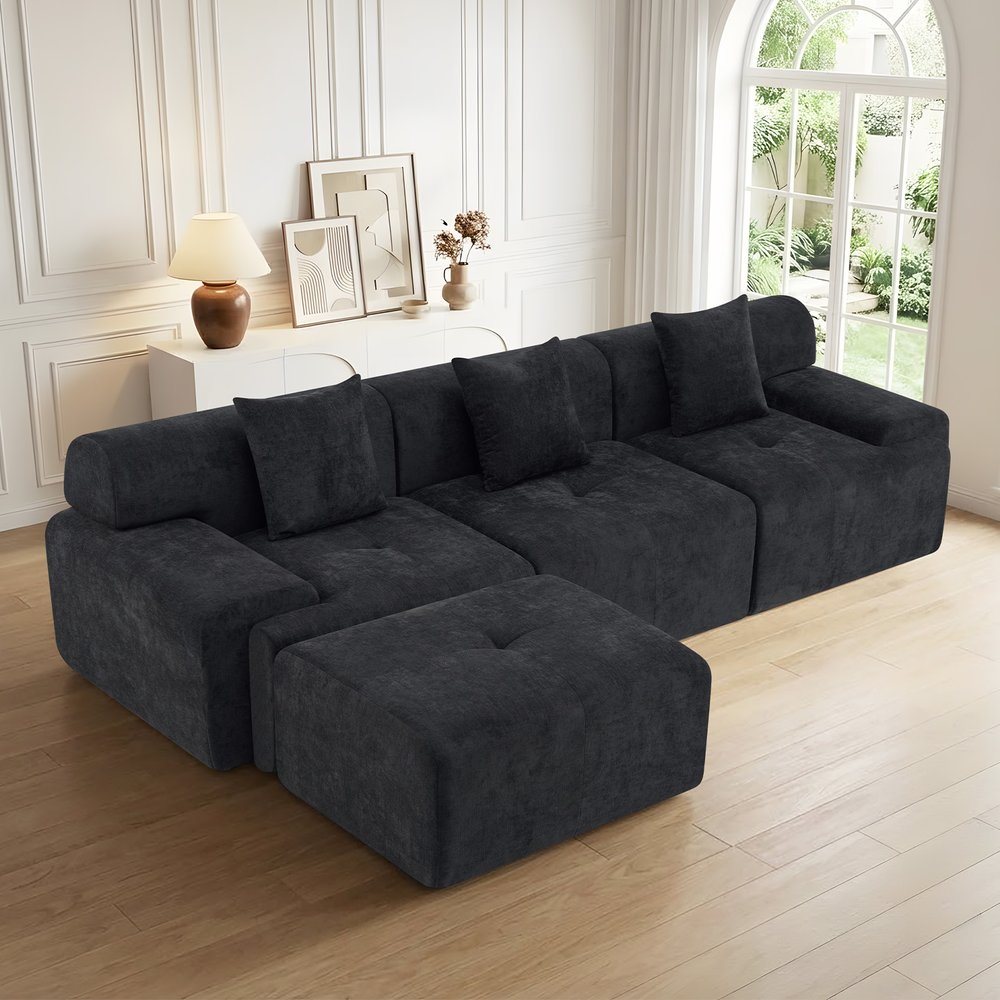 118" Black Chenille Modular Sofa With Ottoman And Toss Pillows