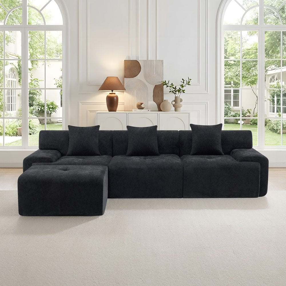 118" Black Chenille Modular Sofa With Ottoman And Toss Pillows