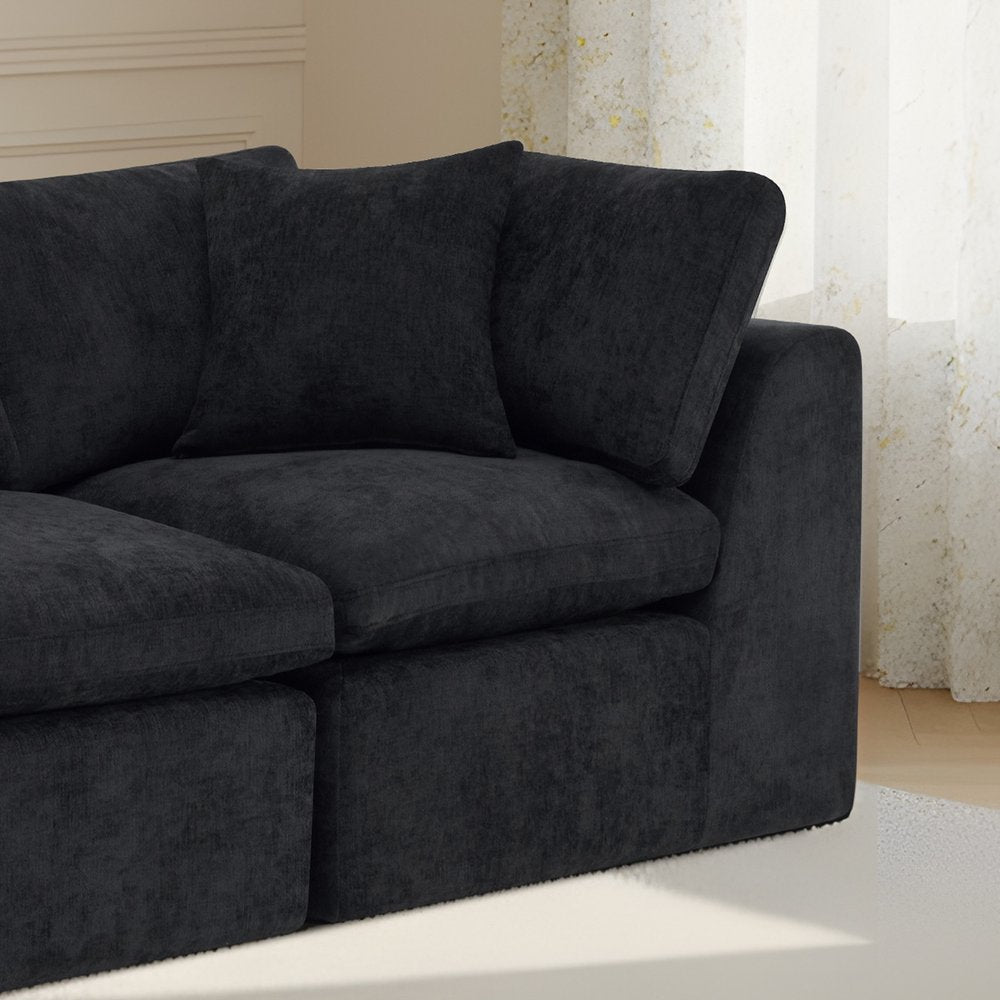 108" Black Chenille Modular Sofa With Toss Pillows