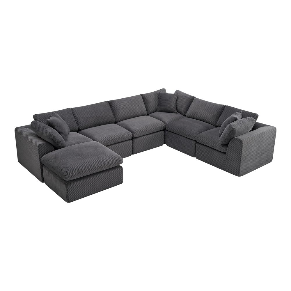138" Dark Gray Corduroy Modular Sofa With Ottoman And Toss Pillows