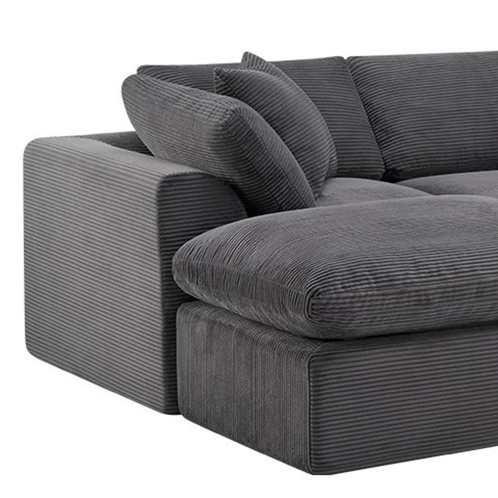 138" Dark Gray Corduroy Modular Sofa With Ottoman And Toss Pillows