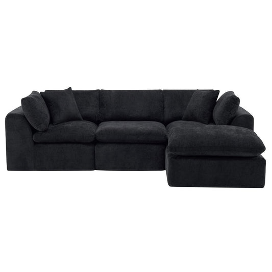 108" Black Chenille Modular Sofa With Ottoman And Toss Pillows