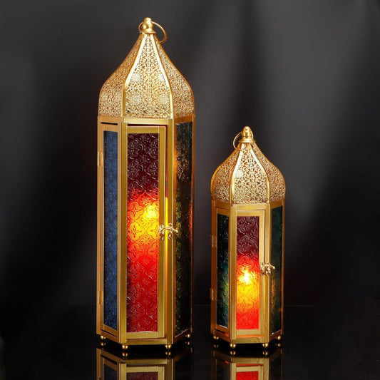 Set of Two Gold Distressed Glass Tabletop Lantern Candle Holders